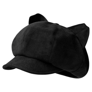 日系可爱猫耳朵麂皮绒贝雷帽子女秋季复古百搭画家帽显脸小报童帽