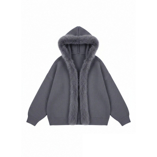 Joeyoo春季新款宽松独特超好看灰色拼接毛领针织外套女开衫毛衣潮