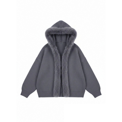 Joeyoo春季新款宽松独特超好看灰色拼接毛领针织外套女开衫毛衣潮