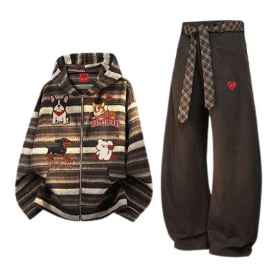 查尔斯桃心条纹休闲开衫卫衣男女套装春秋冬季宽松直筒情侣长裤子