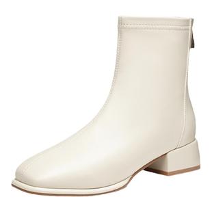 红蜻蜓白色小短靴女靴秋冬新款靴子皮鞋加绒弹力靴法式粗跟瘦瘦靴