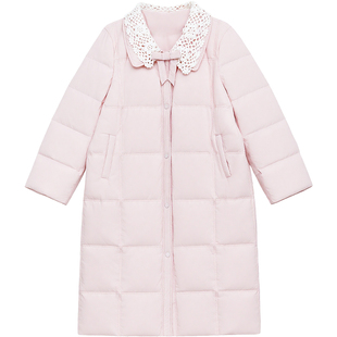 DM100大码百分百女装微胖mm冬季花边翻领正肩收腰长款羽绒服外套