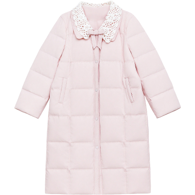 DM100大码百分百女装微胖mm冬季花边翻领正肩收腰长款羽绒服外套