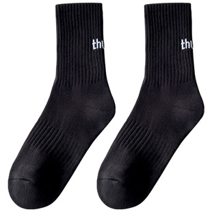 一哥毛圈袜子女纯色P字母休闲简约秋冬外穿毛巾底运动袜中筒袜厚