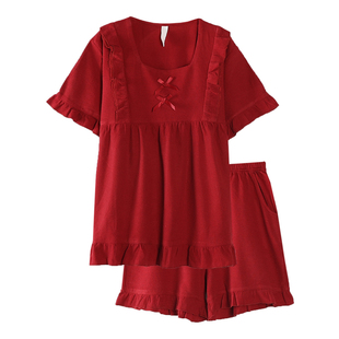 上海故事纯棉华夫格情侣睡衣夏季大红短袖结婚新婚男女家居服套装