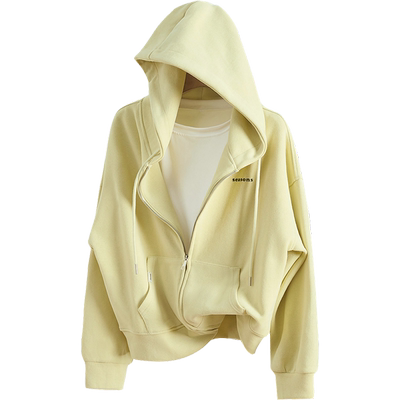 她池休闲落肩长袖连帽拉链外套