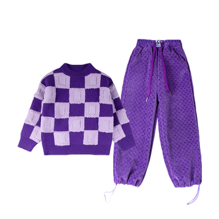 2025春秋冬季款潮流休闲时尚女童紫色方格毛衣+紫色M字母加绒裤子