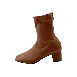 韩国女鞋欧美时尚潮流后拉链粗跟马丁靴拼接绸缎弹力布弹力靴显瘦