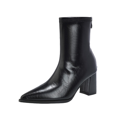 高跟尖头短靴粗跟后拉链马丁靴女