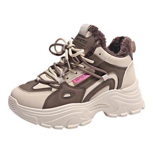 皮面棉鞋女冬季2026年新款厚底增高加绒老爹鞋皮面防水运动休闲鞋