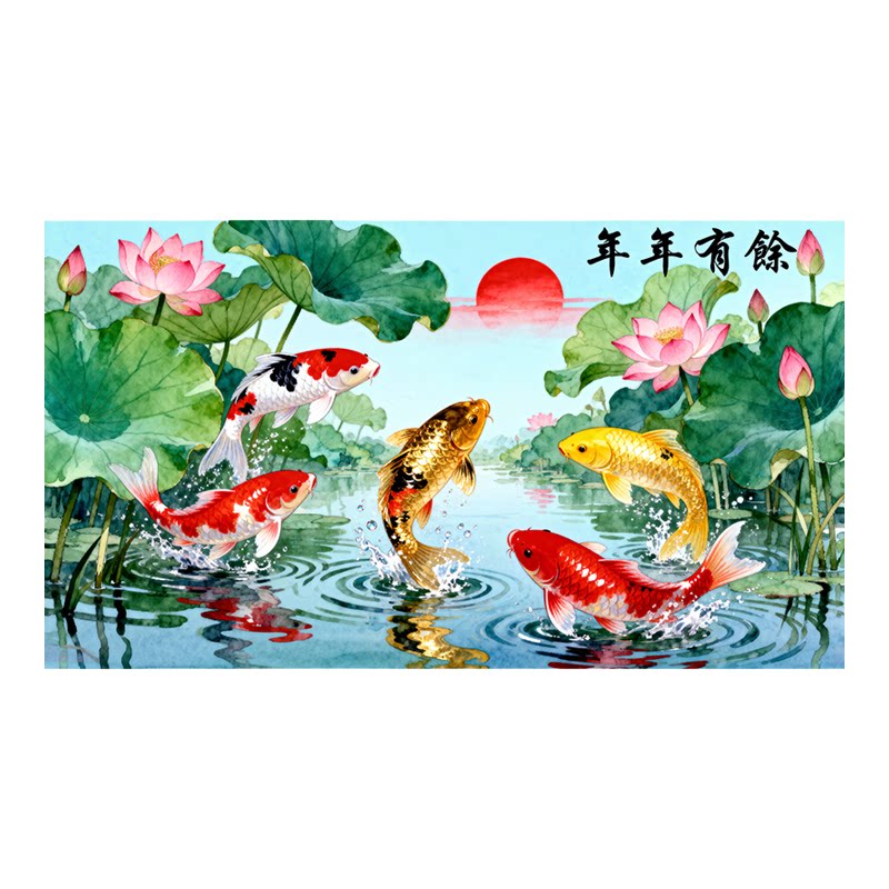 新中式年年有馀锦鲤荷花装饰画卧室无框自粘贴贴纸九鱼图壁画