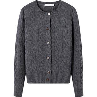 [纯羊毛]Navigare意大利小帆船灰色绞花毛衣外套女士休闲针织开衫