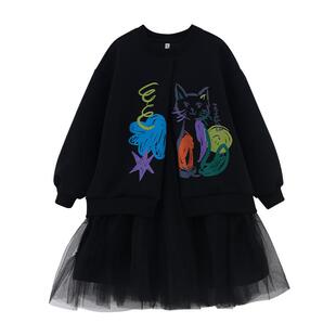 女童连衣裙春装2026新款儿童黑色裙春季中大童裙子网纱拼接公主裙