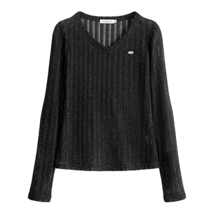 【25年秋】UNIFREEPLUS大码镂空V领针织长袖T恤纯欲修身打底衫