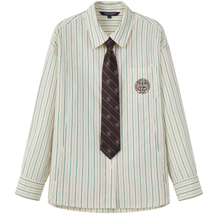 TeenieWeenie小熊女装2025年秋季新款优雅宽松条纹学院风领带衬衫