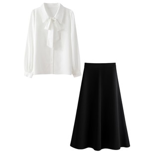 秋冬面试通勤穿搭一整套女大码上班族法式蝴蝶结白衬衫+黑色伞裙
