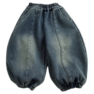 淘气小妞一体绒男童加绒牛仔裤秋冬新款儿童女童加厚休闲灯笼裤潮