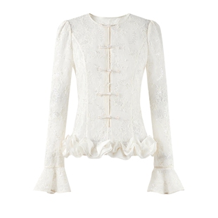 MISSCOCOON可可尼喇叭袖上衣女2026春季新款新中式蕾丝盘扣雪纺衫