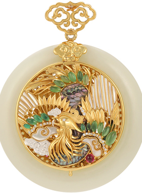 非遗龙凤呈祥和田玉多宝鎏金吊坠