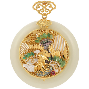 龙凤呈祥和田玉多宝银鎏金吊坠非遗花丝錾刻螺钿新中式纯银平安扣