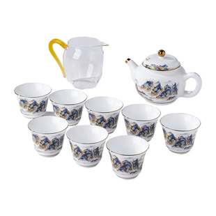 景德镇官方陶瓷千里江山图茶具茶杯套装6只三才盖碗茶壶茶叶罐