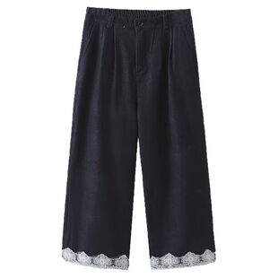 宛宛大码蕾丝拼接牛仔裤女夏胖mm高腰显瘦直筒裤宽松遮肉阔腿长裤