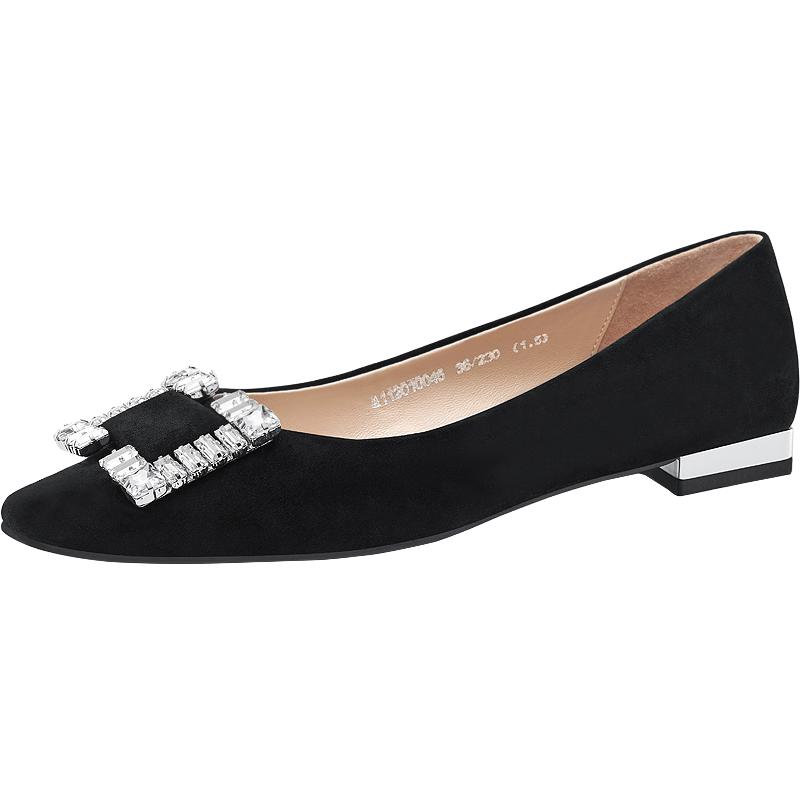 Nine West/玖熙春秋季新款低跟單鞋女鉆扣方頭絨面通勤平底鞋女
