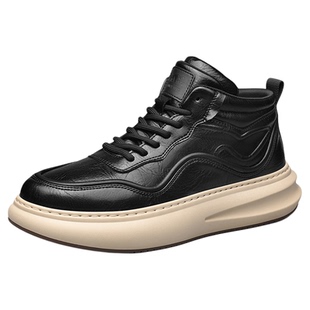 公牛世家男鞋秋冬季黑色高帮休闲板鞋男款运动鞋厚底增高百搭皮鞋