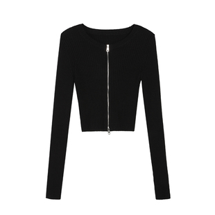 ousph 黑色双拉链长袖针织开衫女秋秋短款修身白毛衣外套打底上衣