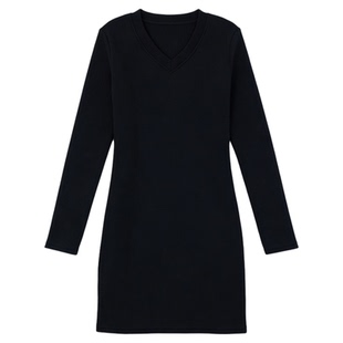 Basic House/百家好黑色V领收腰连衣裙女2026春季新款包臀打底裙