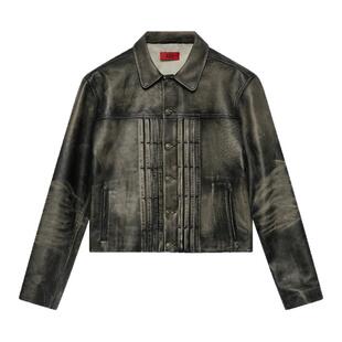 424 25SS 街头设计感复古美式做旧复古摇滚重磅翻领牛皮夹克外套