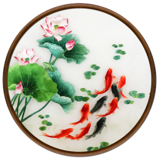 苏绣荷花鲤鱼年年有余成品刺绣现代玄关客厅餐厅中式圆形装饰挂画