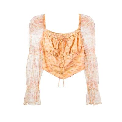 甜美修身纯欲方领长袖雪纺衫