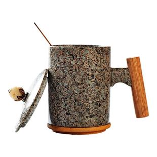 麦饭石水杯可爱马克杯子带勺子带盖子大容量家用咖啡杯子喝水大号