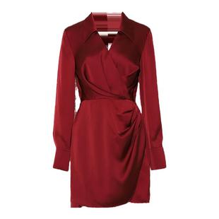 DPLAY2025秋季新款气质红色连衣裙女收腰复古短款衬衫小红裙长袖