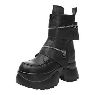 震地王短靴2025冬季新款加绒短筒厚底真皮休闲马丁靴女10cm内增高