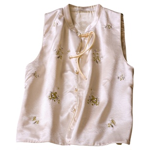刺绣绣花缎面飘带立领宽松显瘦坎肩外套新中式国风女背心马夹Z112