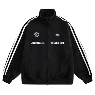 丛林老虎美式潮牌三条杠宽松立领卫衣男女款学生运动加厚拉链开衫