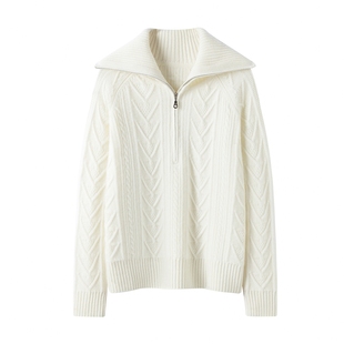 2025秋冬新款100%纯山羊绒衫女半拉链翻领重磅加厚绞花毛衣针织衫