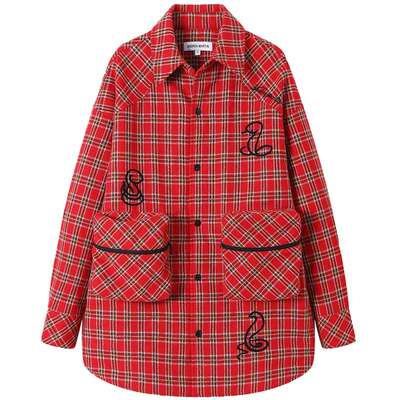 ANDREA MARTIN冬新款复古潮流格纹外套链条绣立体口袋宽松棉服