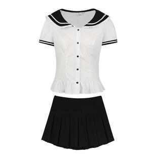 你的鱼 佩妮达少女 韩系微胖mm海军领夏日简约学院风衬衫半裙套装