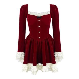 现货圣诞节红色丝绒连衣裙女秋冬方领蕾丝甜美气质新年公主蓬蓬裙