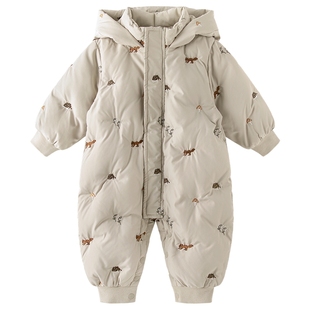 乖奇熊三防婴幼儿羽绒服连体衣冬季加厚保暖防风宝宝连帽哈衣鸭绒