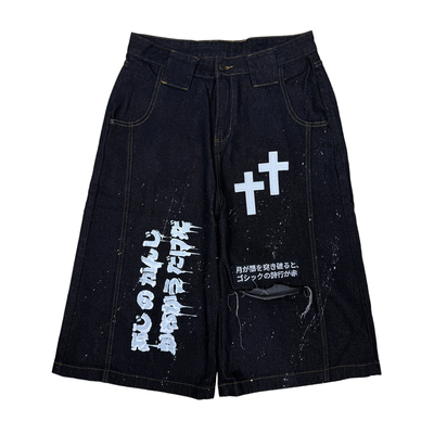 Miub日系亚比涂鸦泼墨七分牛仔裤