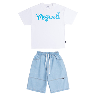 MEGAVOLT 儿童夏季街舞演出服男女童白色纯棉短袖T恤牛仔短裤套装