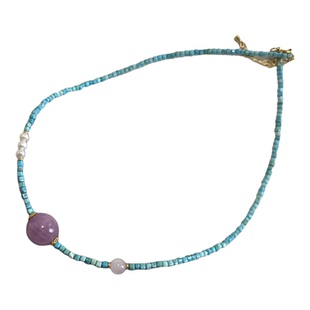 天然水晶多宝锁骨链菱镁矿绿松石方糖淡水珍珠紫锂辉项链单珠女款