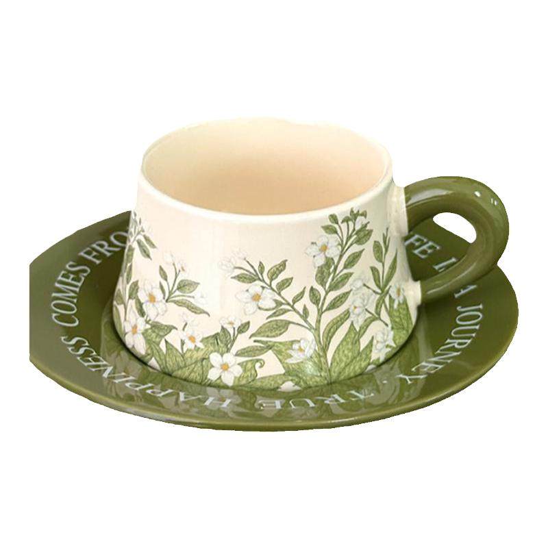 复古美式陶瓷杯碟中古风油画绿铃兰花咖啡杯碟赫本风下午茶马克杯
