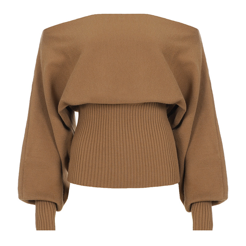IAEY韩系甜美少女棕色一字肩宽松长袖毛衣秋冬收腰显瘦露肩针织衫