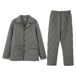 安之伴冬季磨毛纯棉夹棉睡衣男三层加厚保暖男士格子高级感家居服