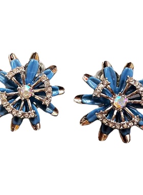 欧美宫廷风中古vintage复古气质蓝色冰雪花朵闪钻项链耳环套装女